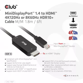 CLUB3D MiniDisplayPort 1.4 na HDMI 4K120Hz lub 8K60Hz HDR10+ Kabel M/M 1,8m / 6ft