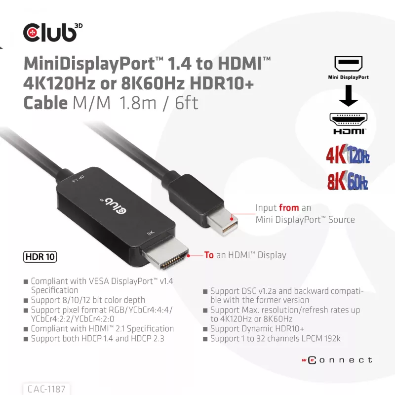 CLUB3D MiniDisplayPort 1.4 na HDMI 4K120Hz lub 8K60Hz HDR10+ Kabel M/M 1,8m / 6ft