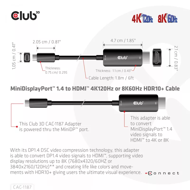 CLUB3D MiniDisplayPort 1.4 na HDMI 4K120Hz lub 8K60Hz HDR10+ Kabel M/M 1,8m / 6ft