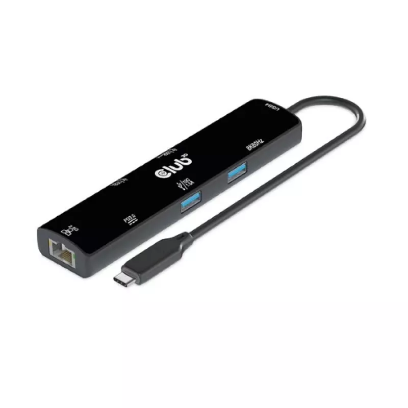 CLUB3D USB4™ Gen3x2 Type-C, 6-w-1 hub z HDMI™ 8K60Hz lub 4K120Hz, 2xUSB Type-A(10G), Ethernet RJ45(2.5G) i 2xUSB Type-C, 1x Data(10G) i 1xPD3.0 ładowanie 100 W