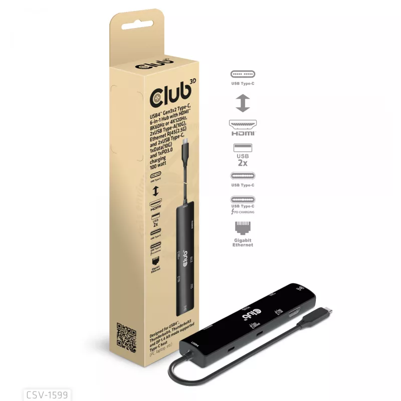 CLUB3D USB4™ Gen3x2 Type-C, 6-w-1 hub z HDMI™ 8K60Hz lub 4K120Hz, 2xUSB Type-A(10G), Ethernet RJ45(2.5G) i 2xUSB Type-C, 1x Data(10G) i 1xPD3.0 ładowanie 100 W