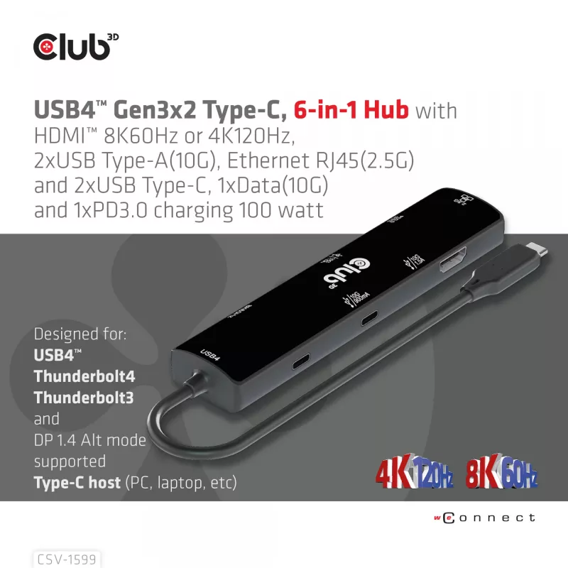 CLUB3D USB4™ Gen3x2 Type-C, 6-w-1 hub z HDMI™ 8K60Hz lub 4K120Hz, 2xUSB Type-A(10G), Ethernet RJ45(2.5G) i 2xUSB Type-C, 1x Data(10G) i 1xPD3.0 ładowanie 100 W