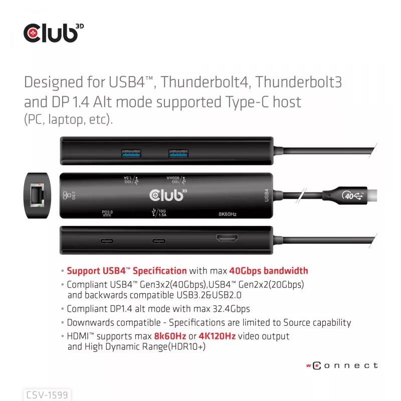 CLUB3D USB4™ Gen3x2 Type-C, 6-w-1 hub z HDMI™ 8K60Hz lub 4K120Hz, 2xUSB Type-A(10G), Ethernet RJ45(2.5G) i 2xUSB Type-C, 1x Data(10G) i 1xPD3.0 ładowanie 100 W