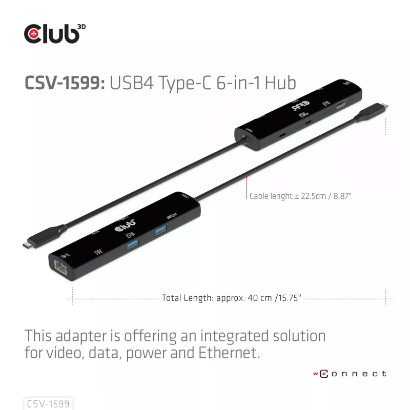 CLUB3D USB4™ Gen3x2 Type-C, 6-w-1 hub z HDMI™ 8K60Hz lub 4K120Hz, 2xUSB Type-A(10G), Ethernet RJ45(2.5G) i 2xUSB Type-C, 1x Data(10G) i 1xPD3.0 ładowanie 100 W