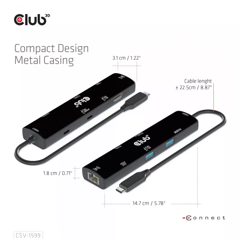 CLUB3D USB4™ Gen3x2 Type-C, 6-w-1 hub z HDMI™ 8K60Hz lub 4K120Hz, 2xUSB Type-A(10G), Ethernet RJ45(2.5G) i 2xUSB Type-C, 1x Data(10G) i 1xPD3.0 ładowanie 100 W