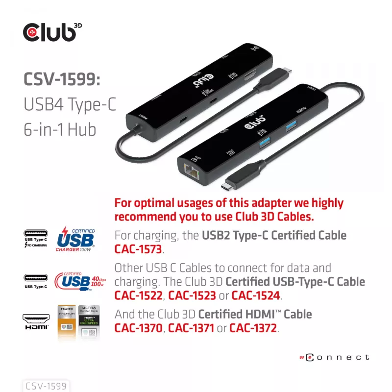 CLUB3D USB4™ Gen3x2 Type-C, 6-w-1 hub z HDMI™ 8K60Hz lub 4K120Hz, 2xUSB Type-A(10G), Ethernet RJ45(2.5G) i 2xUSB Type-C, 1x Data(10G) i 1xPD3.0 ładowanie 100 W