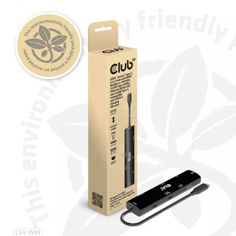 CLUB3D USB4™ Gen3x2 Type-C, 6-w-1 hub z HDMI™ 8K60Hz lub 4K120Hz, 2xUSB Type-A(10G), Ethernet RJ45(2.5G) i 2xUSB Type-C, 1x Data(10G) i 1xPD3.0 ładowanie 100 W