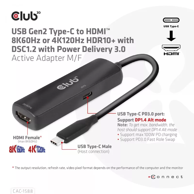 CLUB3D USB Gen2 Type-C na HDMI™ 8K60Hz lub 4K120Hz HDR10+ z DSC1.2 z Power Delivery 3.0 Aktywny Adapter M/F