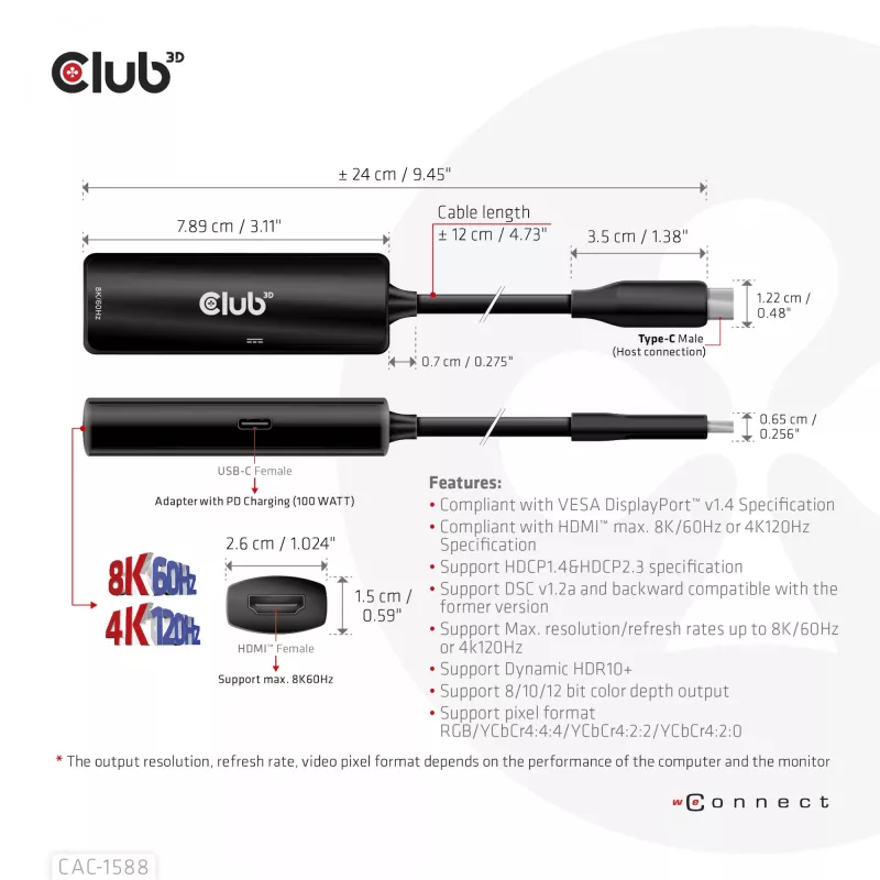 CLUB3D USB Gen2 Type-C na HDMI™ 8K60Hz lub 4K120Hz HDR10+ z DSC1.2 z Power Delivery 3.0 Aktywny Adapter M/F
