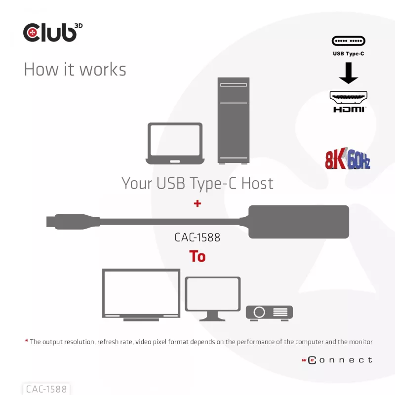 CLUB3D USB Gen2 Type-C na HDMI™ 8K60Hz lub 4K120Hz HDR10+ z DSC1.2 z Power Delivery 3.0 Aktywny Adapter M/F