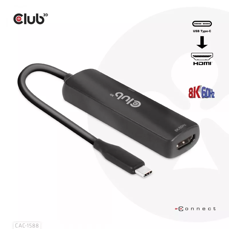 CLUB3D USB Gen2 Type-C na HDMI™ 8K60Hz lub 4K120Hz HDR10+ z DSC1.2 z Power Delivery 3.0 Aktywny Adapter M/F