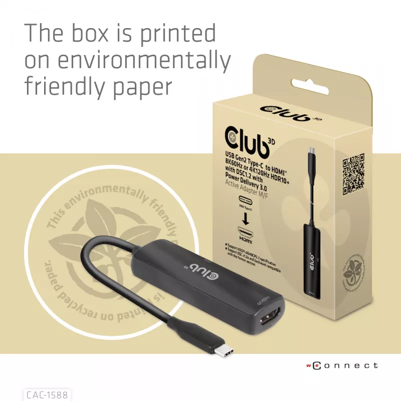 CLUB3D USB Gen2 Type-C na HDMI™ 8K60Hz lub 4K120Hz HDR10+ z DSC1.2 z Power Delivery 3.0 Aktywny Adapter M/F