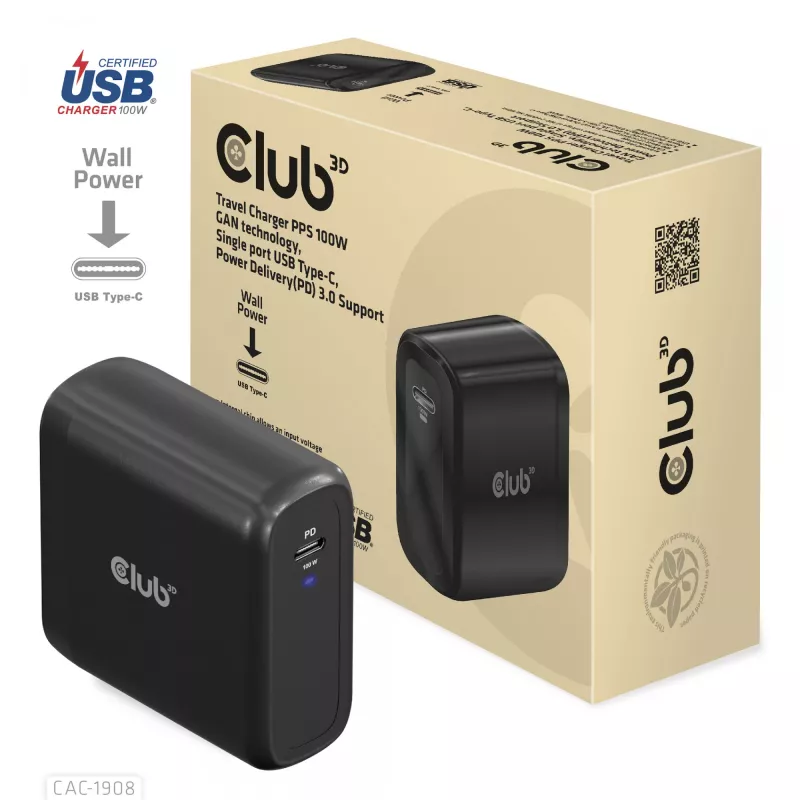 Podróżna ładowarka CLUB3D 100 W z technologią GaN, certyfikowana USB-IF TID, pojedynczy port USB Type-C, obsługa Power Delivery (PD) 3.0