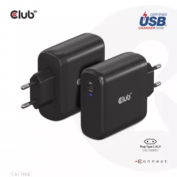 Podróżna ładowarka CLUB3D 100 W z technologią GaN, certyfikowana USB-IF TID, pojedynczy port USB Type-C, obsługa Power Delivery (PD) 3.0