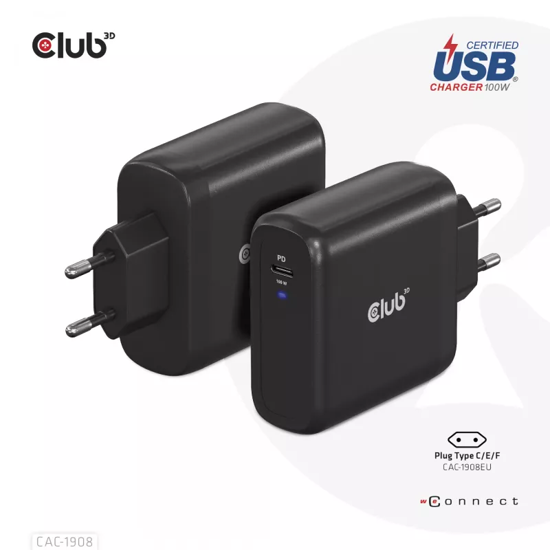Podróżna ładowarka CLUB3D 100 W z technologią GaN, certyfikowana USB-IF TID, pojedynczy port USB Type-C, obsługa Power Delivery (PD) 3.0