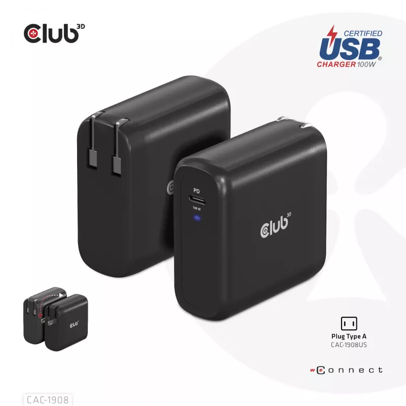 Podróżna ładowarka CLUB3D 100 W z technologią GaN, certyfikowana USB-IF TID, pojedynczy port USB Type-C, obsługa Power Delivery (PD) 3.0