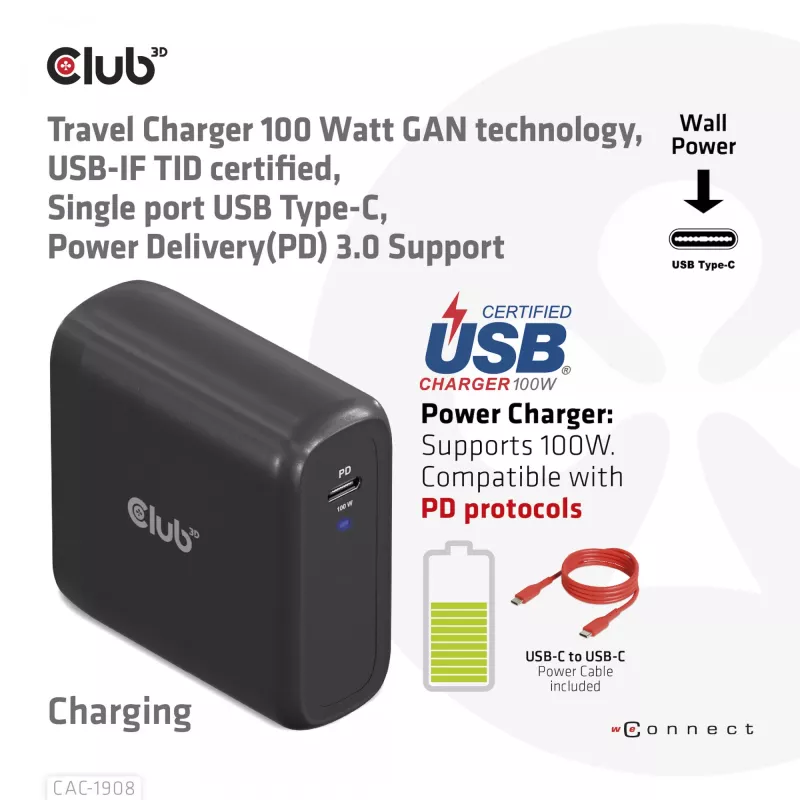 Podróżna ładowarka CLUB3D 100 W z technologią GaN, certyfikowana USB-IF TID, pojedynczy port USB Type-C, obsługa Power Delivery (PD) 3.0