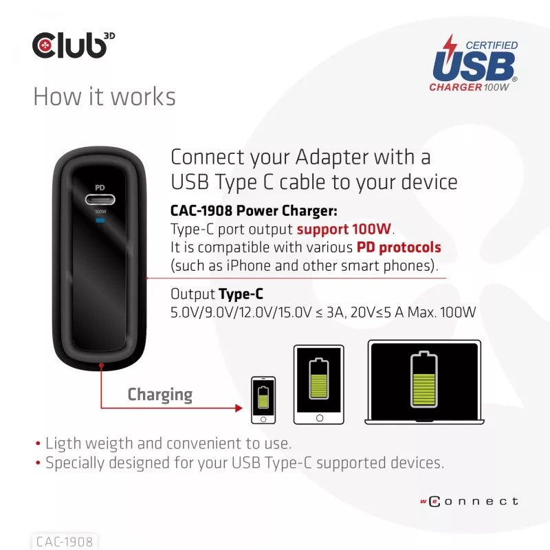 Podróżna ładowarka CLUB3D 100 W z technologią GaN, certyfikowana USB-IF TID, pojedynczy port USB Type-C, obsługa Power Delivery (PD) 3.0