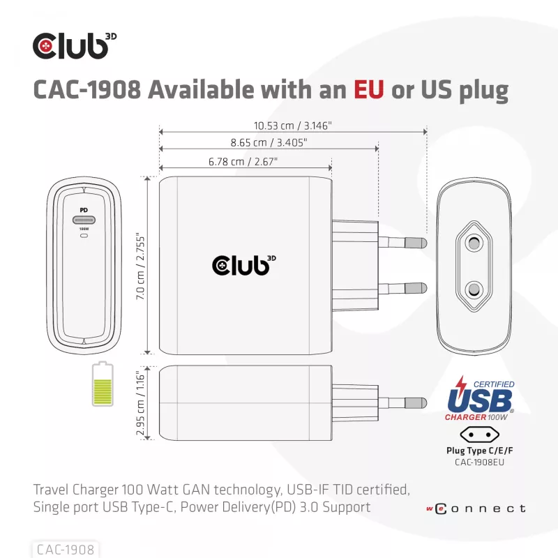 Podróżna ładowarka CLUB3D 100 W z technologią GaN, certyfikowana USB-IF TID, pojedynczy port USB Type-C, obsługa Power Delivery (PD) 3.0