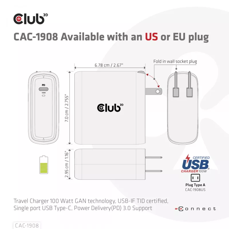 Podróżna ładowarka CLUB3D 100 W z technologią GaN, certyfikowana USB-IF TID, pojedynczy port USB Type-C, obsługa Power Delivery (PD) 3.0