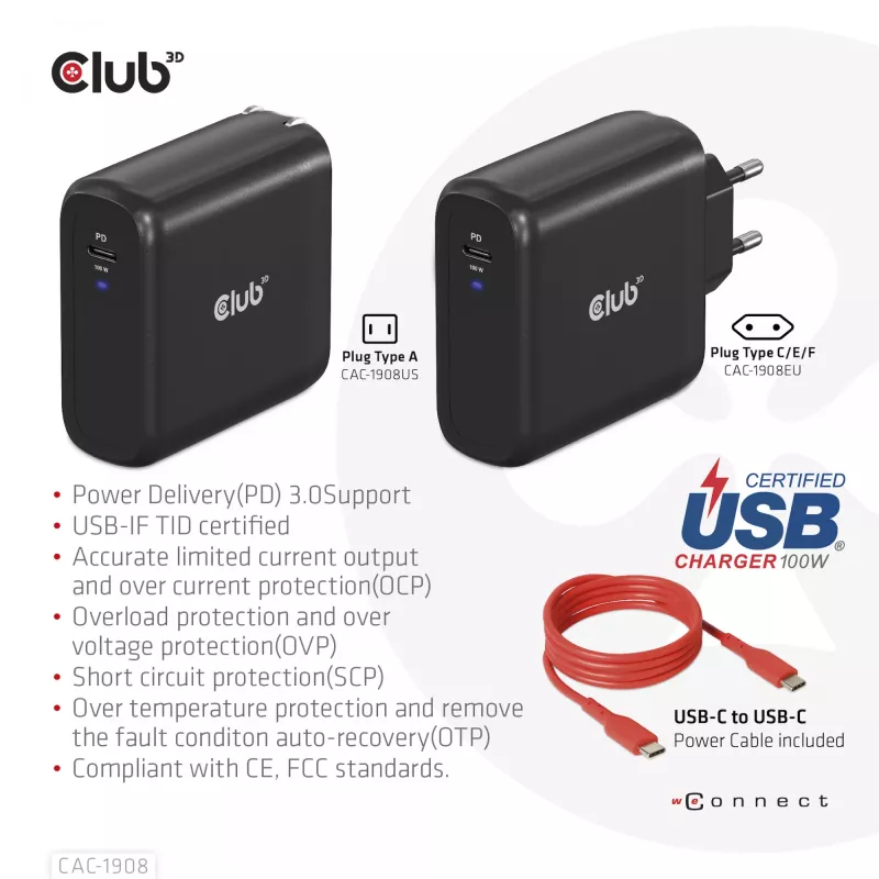 Podróżna ładowarka CLUB3D 100 W z technologią GaN, certyfikowana USB-IF TID, pojedynczy port USB Type-C, obsługa Power Delivery (PD) 3.0