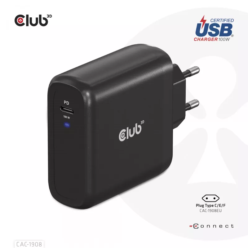 Podróżna ładowarka CLUB3D 100 W z technologią GaN, certyfikowana USB-IF TID, pojedynczy port USB Type-C, obsługa Power Delivery (PD) 3.0