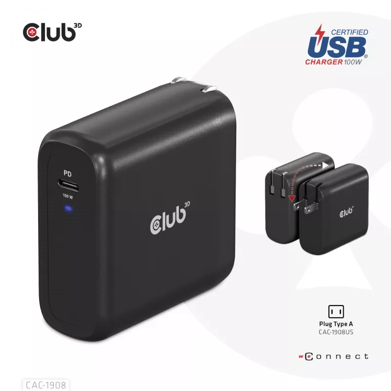 Podróżna ładowarka CLUB3D 100 W z technologią GaN, certyfikowana USB-IF TID, pojedynczy port USB Type-C, obsługa Power Delivery (PD) 3.0