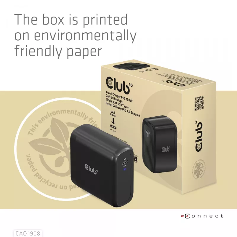 Podróżna ładowarka CLUB3D 100 W z technologią GaN, certyfikowana USB-IF TID, pojedynczy port USB Type-C, obsługa Power Delivery (PD) 3.0