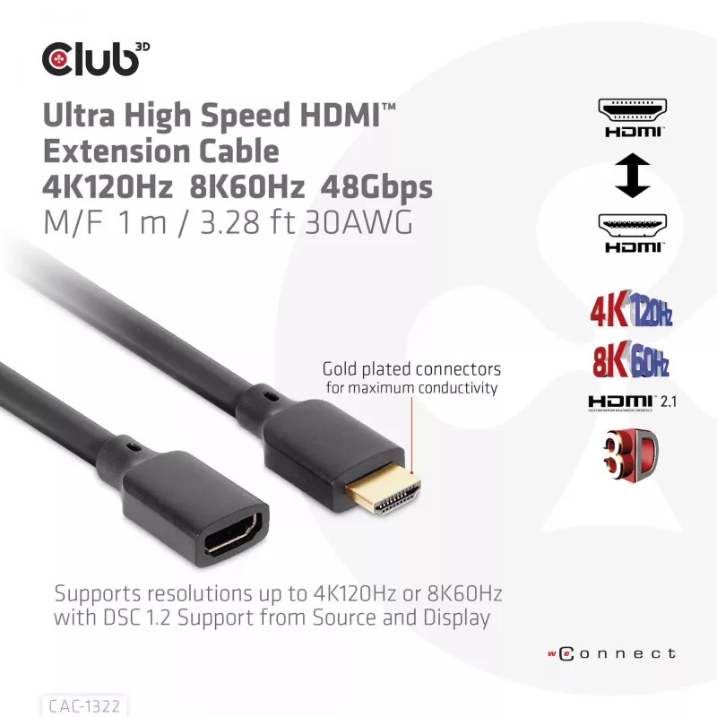 Przedłużacz HDMI CLUB3D Ultra High Speed 4K120Hz 8K60Hz 48Gbps M/F 1 m / 3,28 ft 30AWG