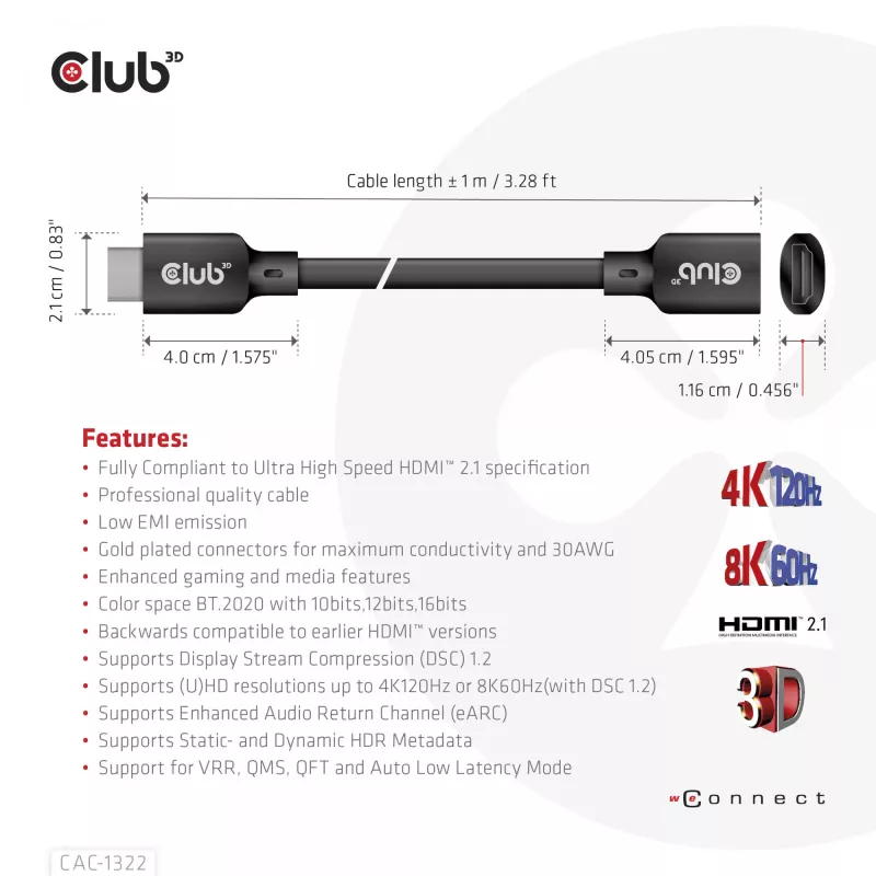 Przedłużacz HDMI CLUB3D Ultra High Speed 4K120Hz 8K60Hz 48Gbps M/F 1 m / 3,28 ft 30AWG
