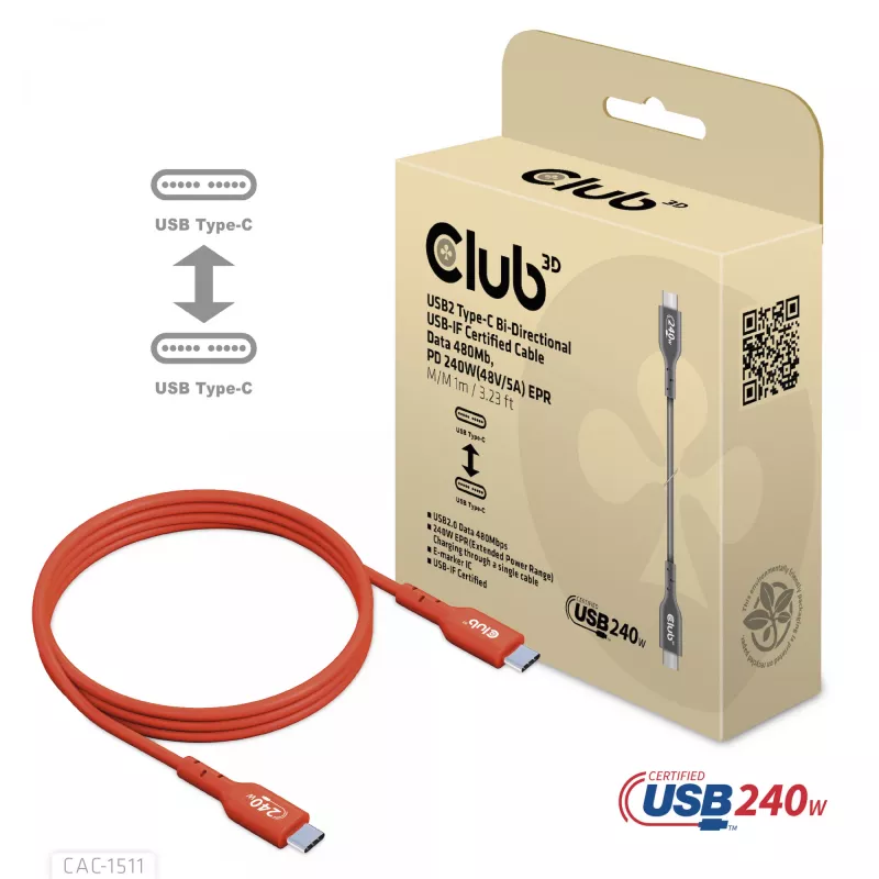 CLUB3D USB2 Type-C dwukierunkowy kabel z certyfikatem USB-IF do transmisji danych 480Mb, PD 240W(48V/5A) EPR M/M 1m / 3.23 ft