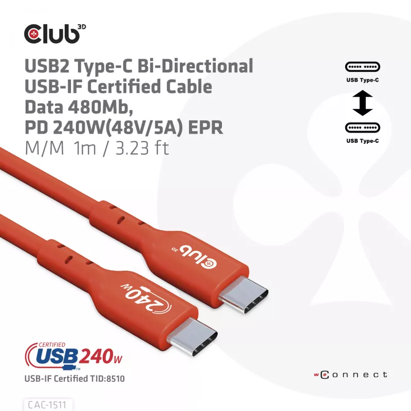 CLUB3D USB2 Type-C dwukierunkowy kabel z certyfikatem USB-IF do transmisji danych 480Mb, PD 240W(48V/5A) EPR M/M 1m / 3.23 ft
