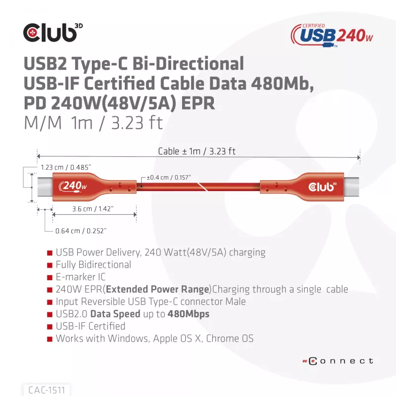 CLUB3D USB2 Type-C dwukierunkowy kabel z certyfikatem USB-IF do transmisji danych 480Mb, PD 240W(48V/5A) EPR M/M 1m / 3.23 ft