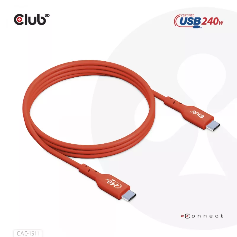 CLUB3D USB2 Type-C dwukierunkowy kabel z certyfikatem USB-IF do transmisji danych 480Mb, PD 240W(48V/5A) EPR M/M 1m / 3.23 ft