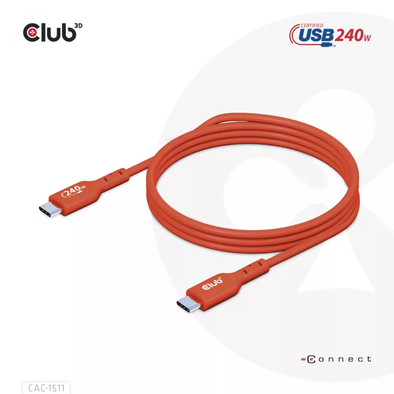 CLUB3D USB2 Type-C dwukierunkowy kabel z certyfikatem USB-IF do transmisji danych 480Mb, PD 240W(48V/5A) EPR M/M 1m / 3.23 ft