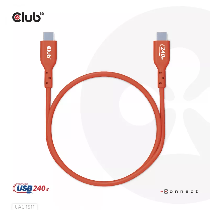 CLUB3D USB2 Type-C dwukierunkowy kabel z certyfikatem USB-IF do transmisji danych 480Mb, PD 240W(48V/5A) EPR M/M 1m / 3.23 ft