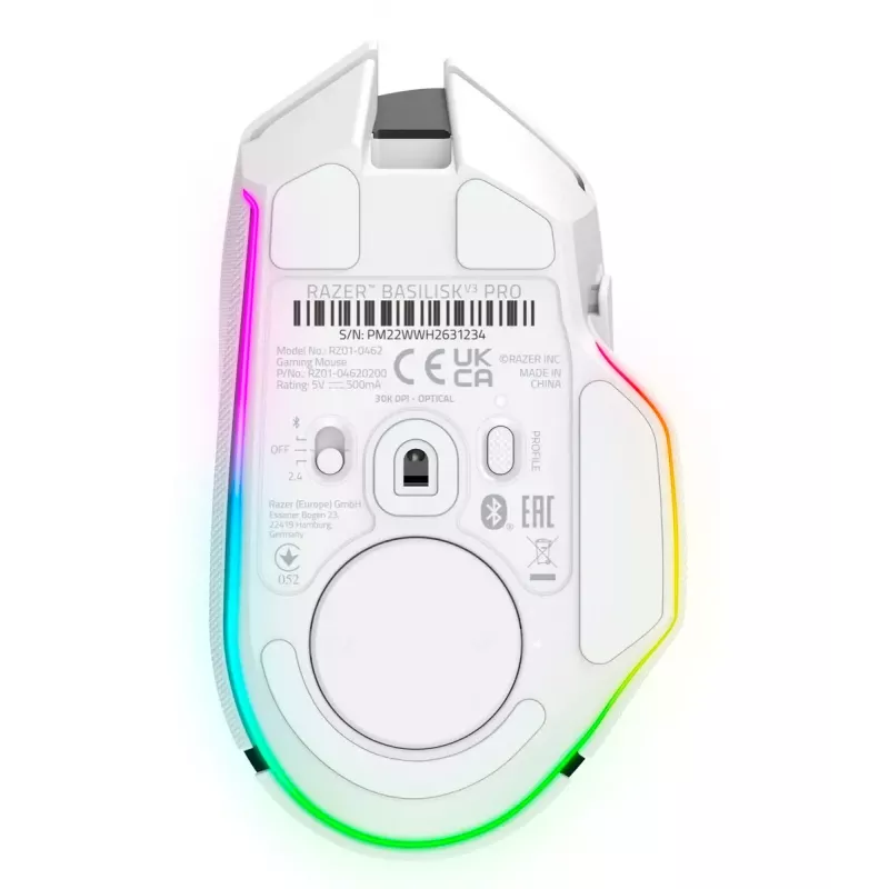 Mysz gamingowa Razer Basilisk V3 Pro — praworęczna, optyczna 30 000 DPI, RF Wireless/Bluetooth/USB-C, biała