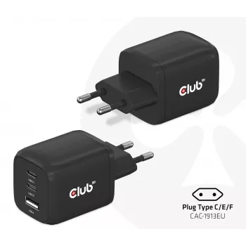 Ładowarka podróżna CLUB3D PPS 65W z technologią GAN, potrójny port (2x USB Type-C + USB Type-A), obsługa Power Delivery (PD) 3.0