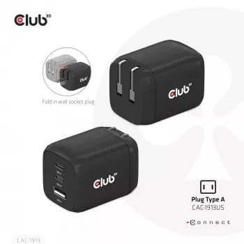 Ładowarka podróżna CLUB3D PPS 65W z technologią GAN, potrójny port (2x USB Type-C + USB Type-A), obsługa Power Delivery (PD) 3.0