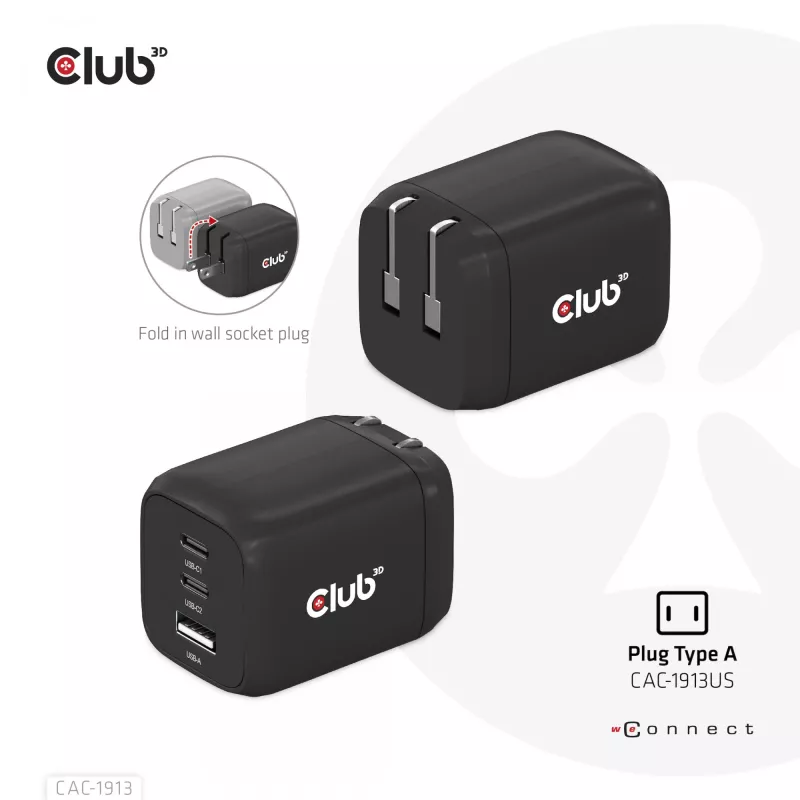 Ładowarka podróżna CLUB3D PPS 65W z technologią GAN, potrójny port (2x USB Type-C + USB Type-A), obsługa Power Delivery (PD) 3.0