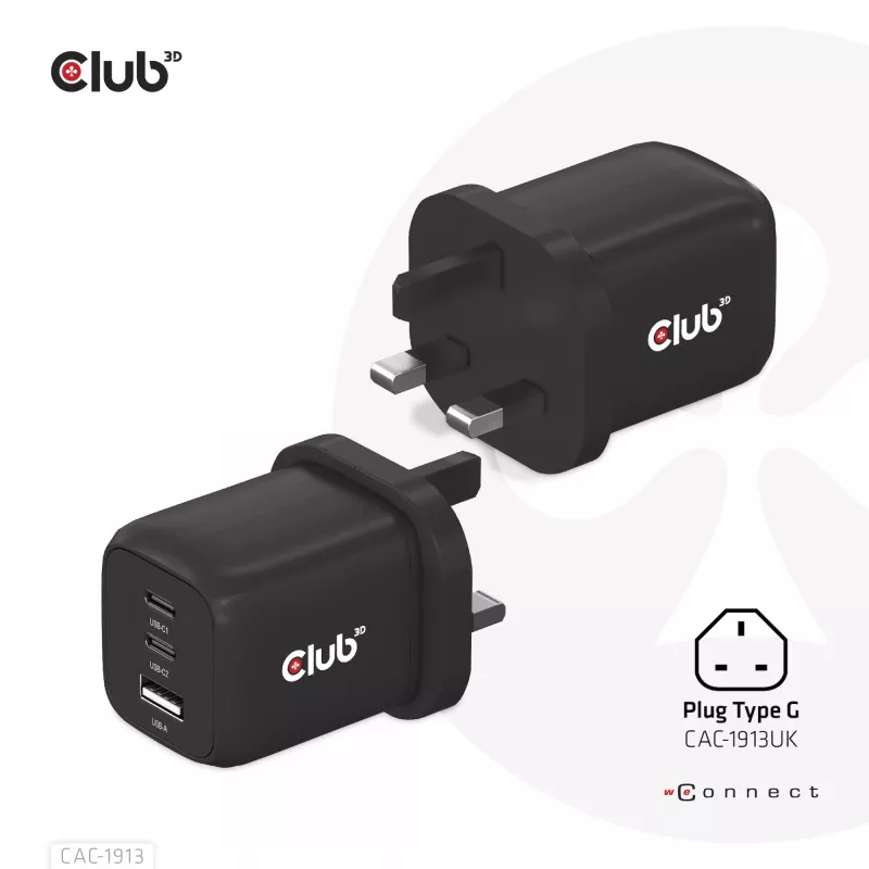 Ładowarka podróżna CLUB3D PPS 65W z technologią GAN, potrójny port (2x USB Type-C + USB Type-A), obsługa Power Delivery (PD) 3.0
