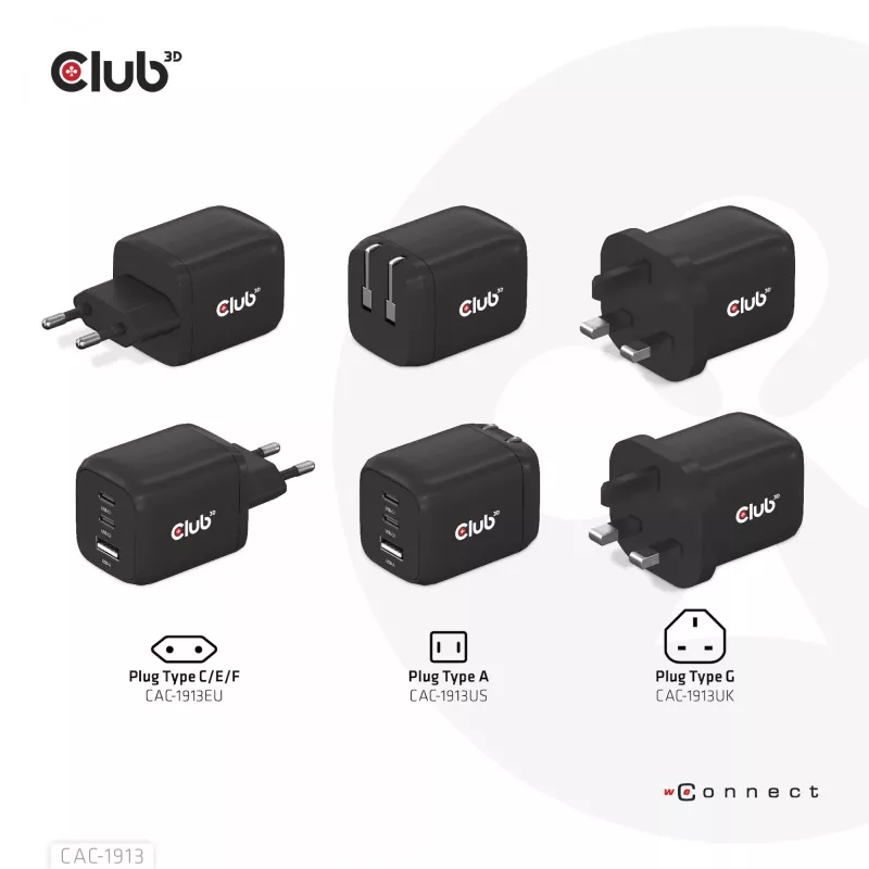 Ładowarka podróżna CLUB3D PPS 65W z technologią GAN, potrójny port (2x USB Type-C + USB Type-A), obsługa Power Delivery (PD) 3.0