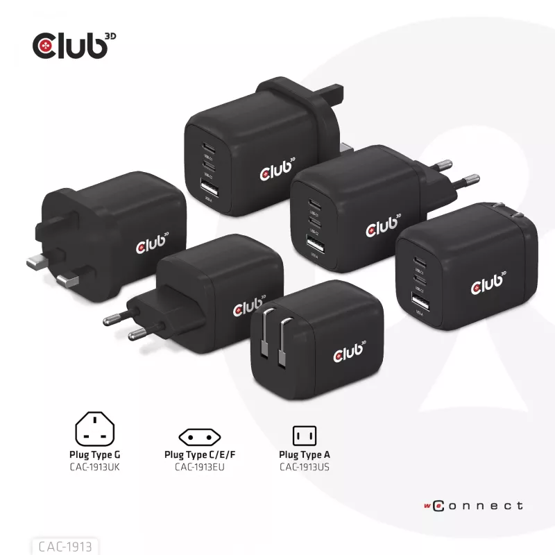 Ładowarka podróżna CLUB3D PPS 65W z technologią GAN, potrójny port (2x USB Type-C + USB Type-A), obsługa Power Delivery (PD) 3.0