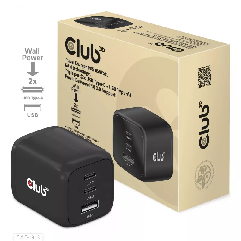Ładowarka podróżna CLUB3D PPS 65W z technologią GAN, potrójny port (2x USB Type-C + USB Type-A), obsługa Power Delivery (PD) 3.0