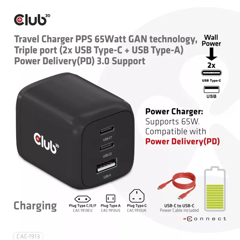 Ładowarka podróżna CLUB3D PPS 65W z technologią GAN, potrójny port (2x USB Type-C + USB Type-A), obsługa Power Delivery (PD) 3.0