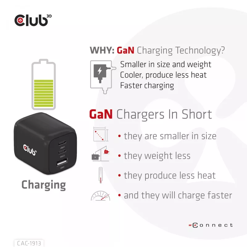 Ładowarka podróżna CLUB3D PPS 65W z technologią GAN, potrójny port (2x USB Type-C + USB Type-A), obsługa Power Delivery (PD) 3.0