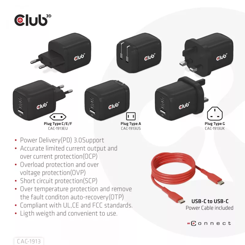 Ładowarka podróżna CLUB3D PPS 65W z technologią GAN, potrójny port (2x USB Type-C + USB Type-A), obsługa Power Delivery (PD) 3.0