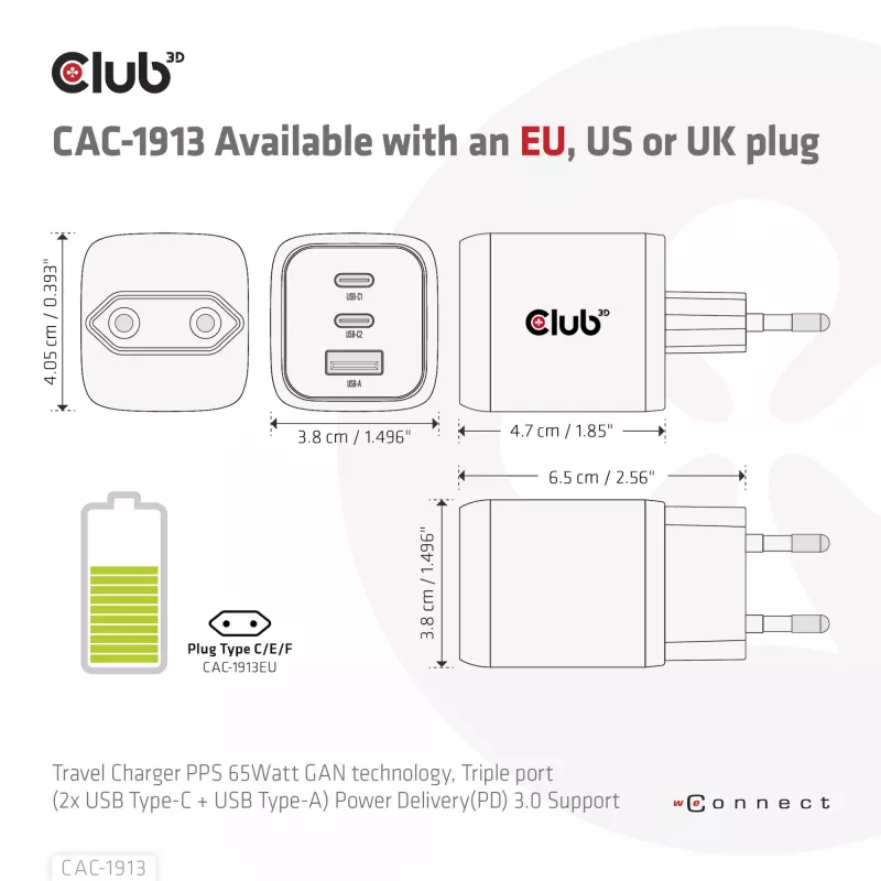 Ładowarka podróżna CLUB3D PPS 65W z technologią GAN, potrójny port (2x USB Type-C + USB Type-A), obsługa Power Delivery (PD) 3.0