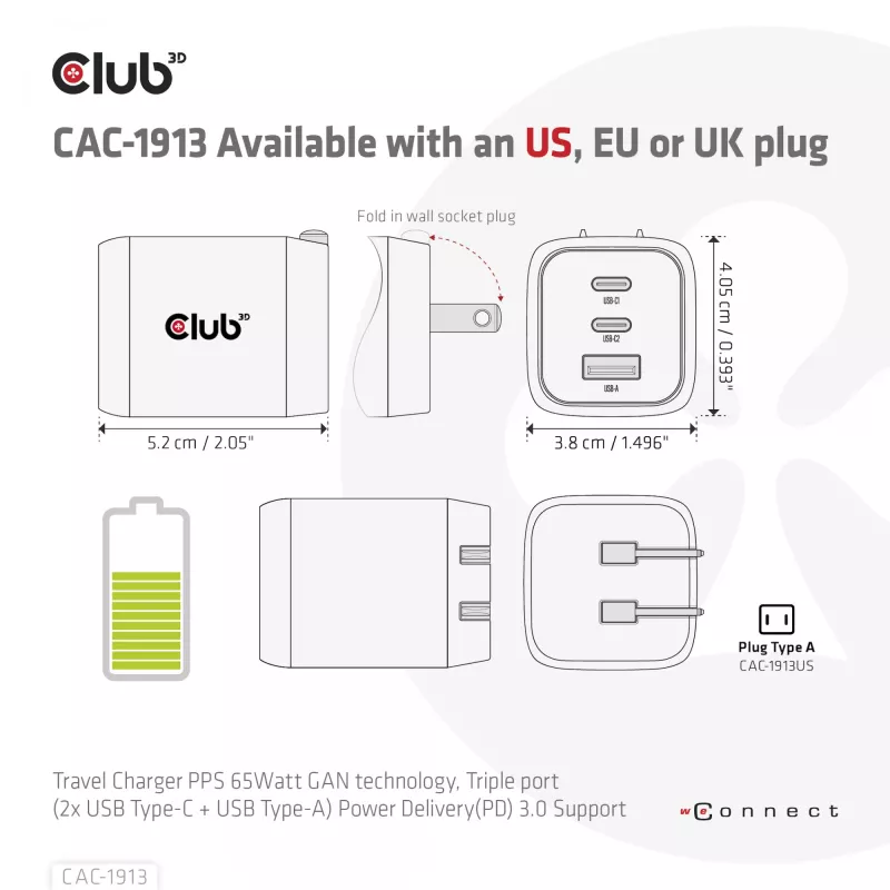 Ładowarka podróżna CLUB3D PPS 65W z technologią GAN, potrójny port (2x USB Type-C + USB Type-A), obsługa Power Delivery (PD) 3.0