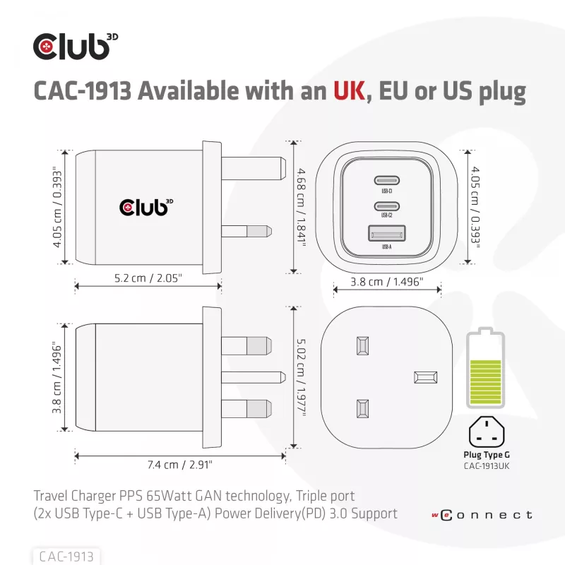 Ładowarka podróżna CLUB3D PPS 65W z technologią GAN, potrójny port (2x USB Type-C + USB Type-A), obsługa Power Delivery (PD) 3.0